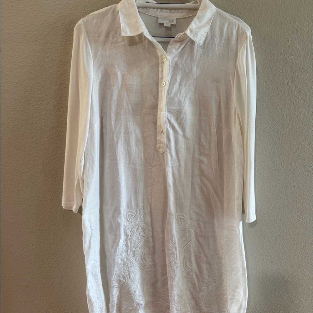 J Jill White Linen & Knit Blend Embroidered Button-Front dress
